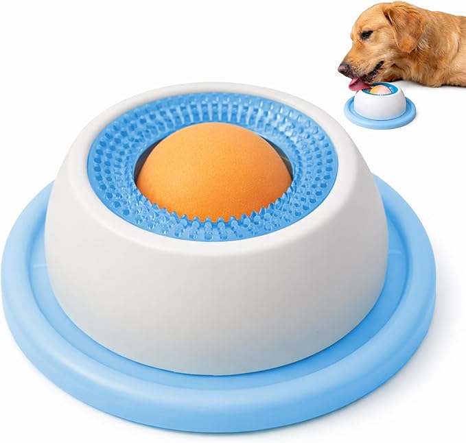 Dog enjoying interactive lick toy - anxiety relief