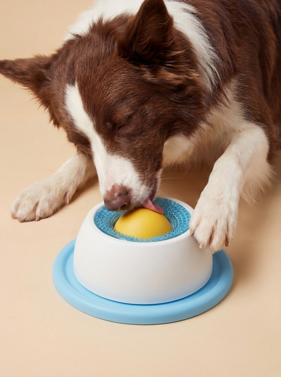 Happy dog with lick toy